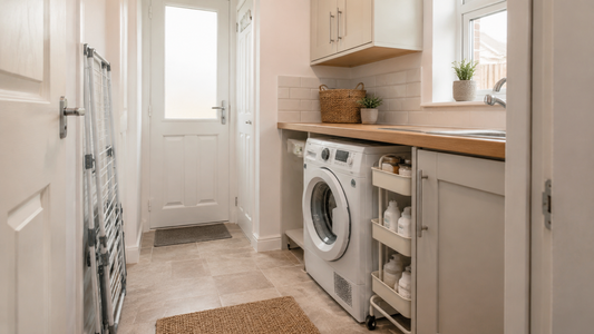 Small utility room with a washing machine, slim trolley and foldable clothes airer