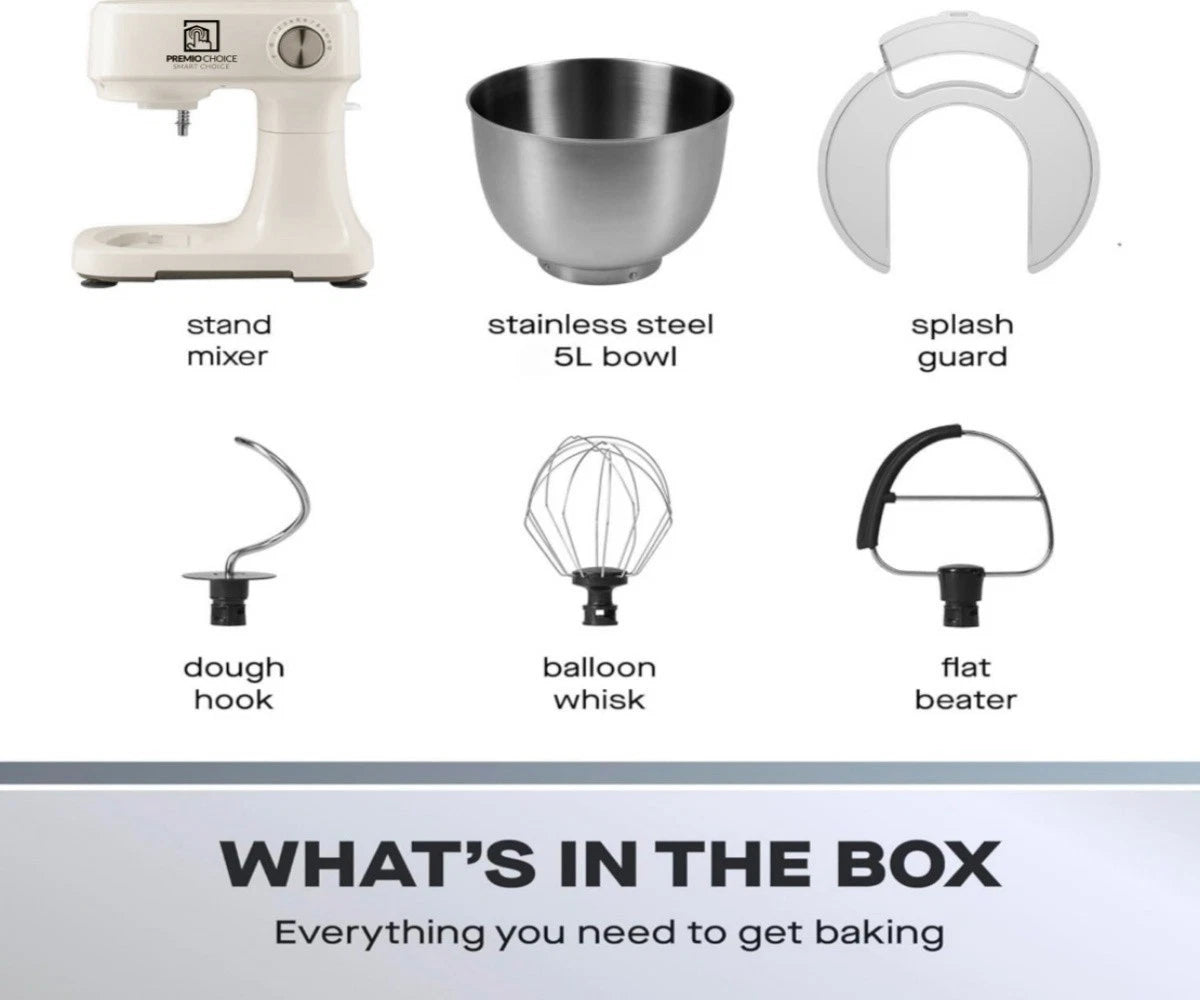 White stand mixer set with 5L stainless steel bowl, splash guard, dough hook, whisk and flat beater