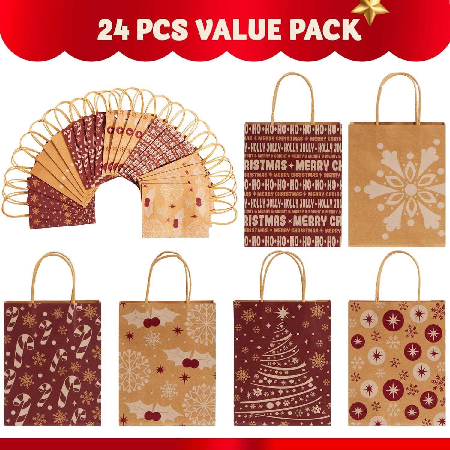 Pack of 24 Christmas Holiday Kraft - Detail view