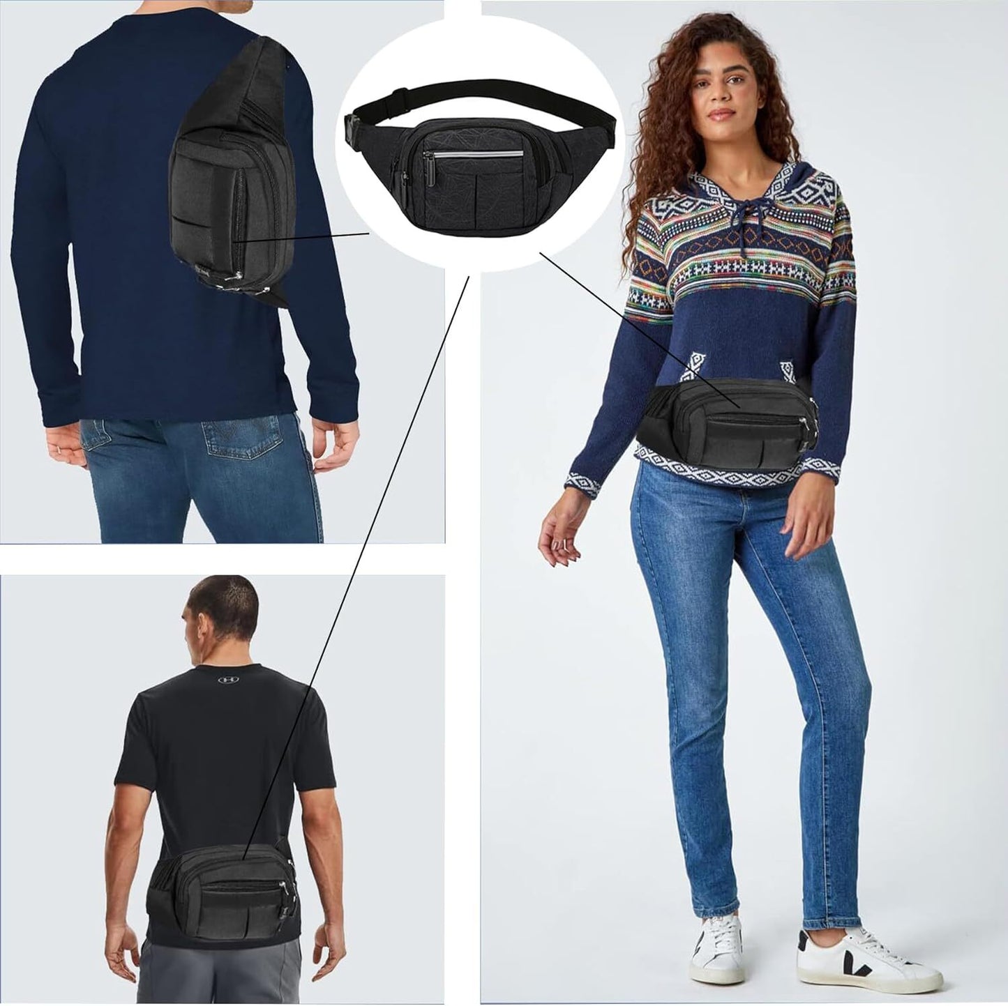 Bumbag Fanny Pack Fashionable Waist Bag reflective strips 4 Zip Pockets Fanny