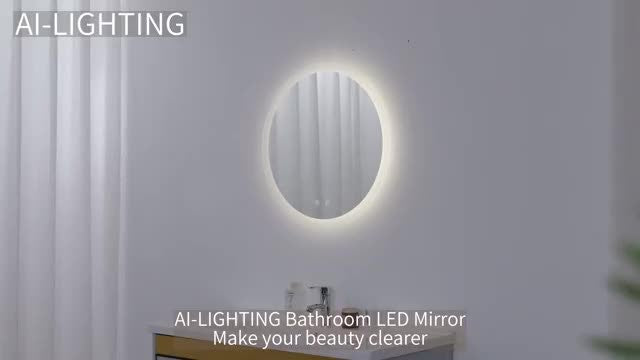 Round Bathroom Mirror LED Lights Illuminated - Detail view