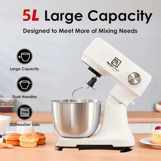 White 5L stand mixer with stainless steel bowl and dough hook on a kitchen worktop