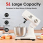 White 5L stand mixer with stainless steel bowl and dough hook on a kitchen worktop