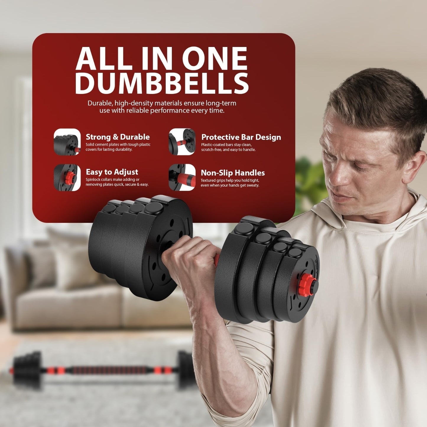 10-28KG Dumbbells Set Pair of Gym Weights Includes Barbell Bicep Tricep Training