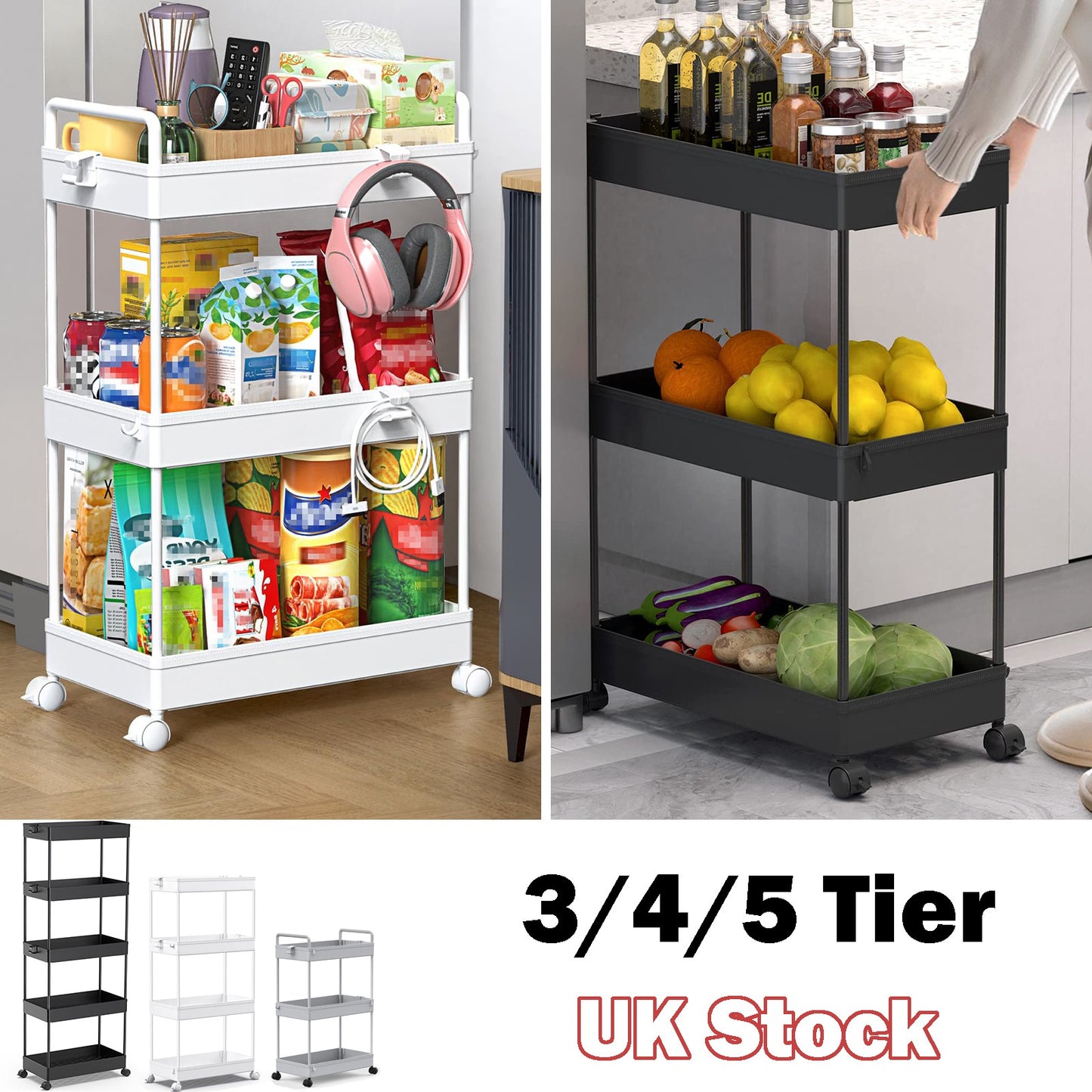 3/4/5 Tier Storage Trolley Cart Wheel - Front view