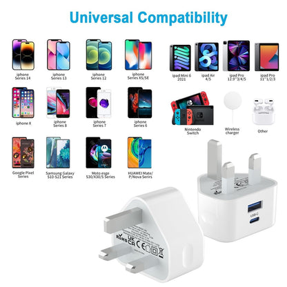 3 Pack USB C Plug UK iPhone Charger Fast Phone Apple USBC Lighting 2 in 1 Cable