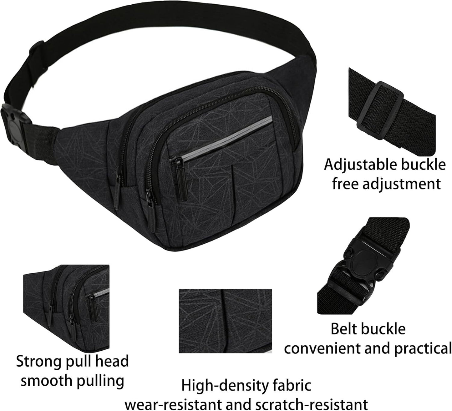 Bumbag Fanny Pack Fashionable Waist Bag reflective strips 4 Zip Pockets Fanny