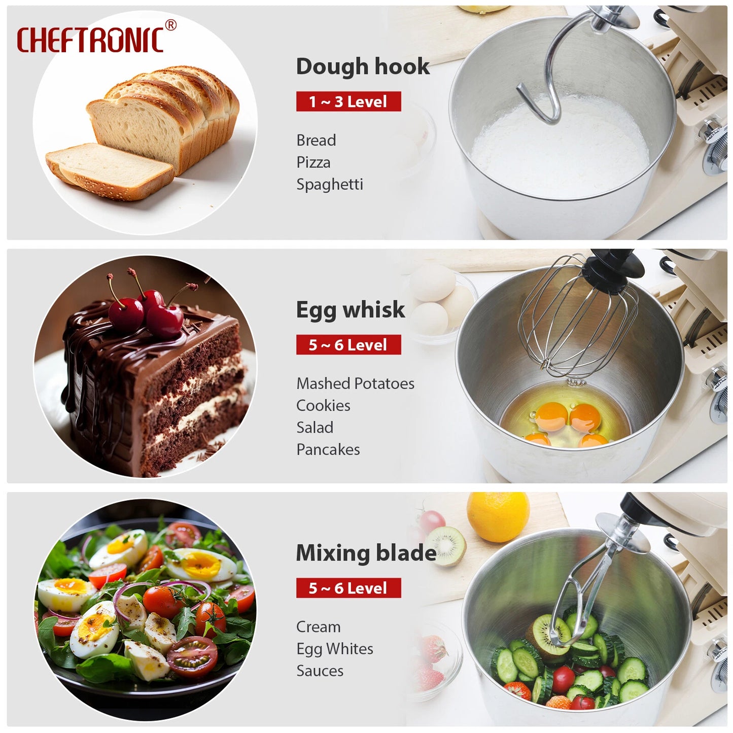 Stand mixer attachments shown mixing dough, eggs and salad ingredients