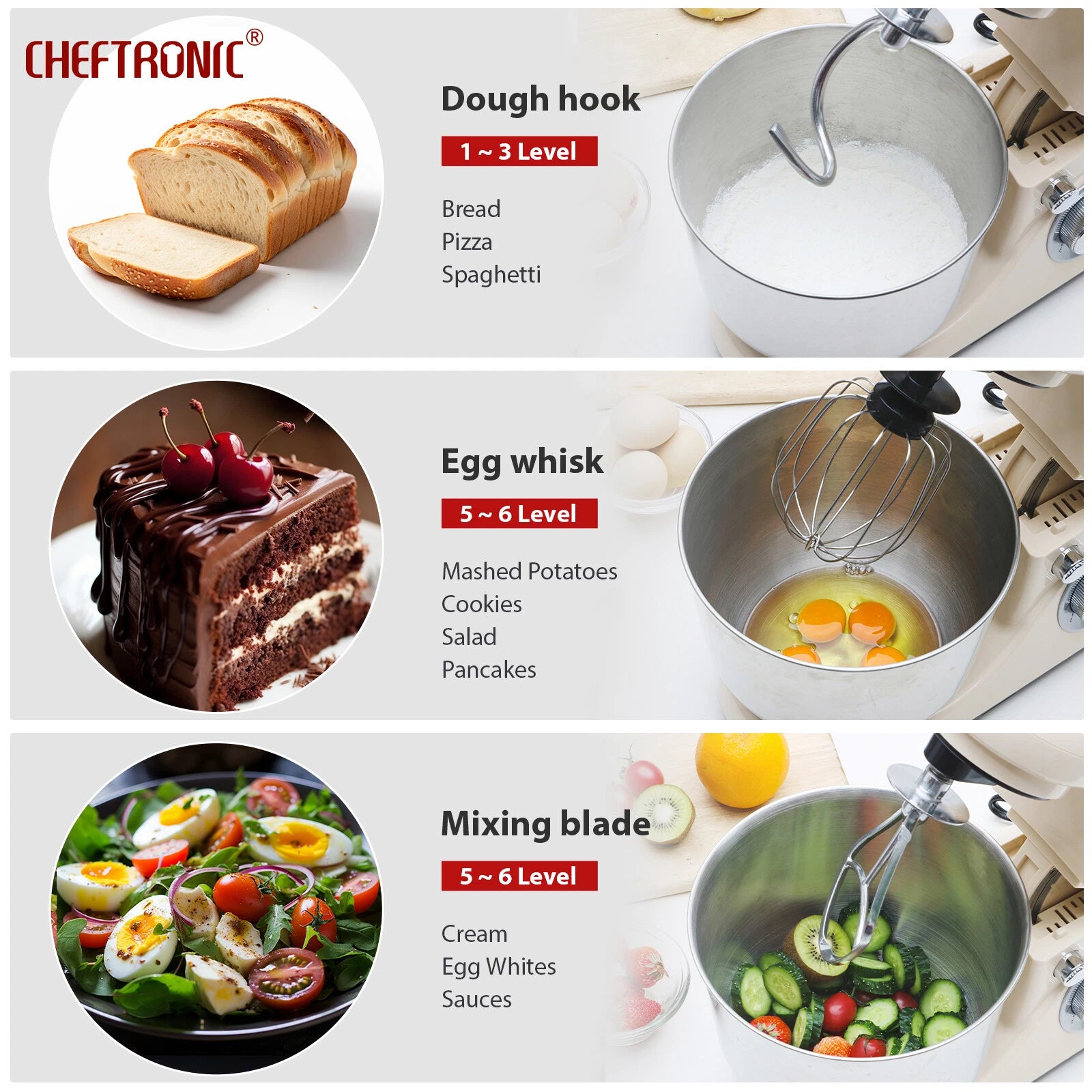 Stand mixer attachments shown mixing dough, eggs and salad ingredients