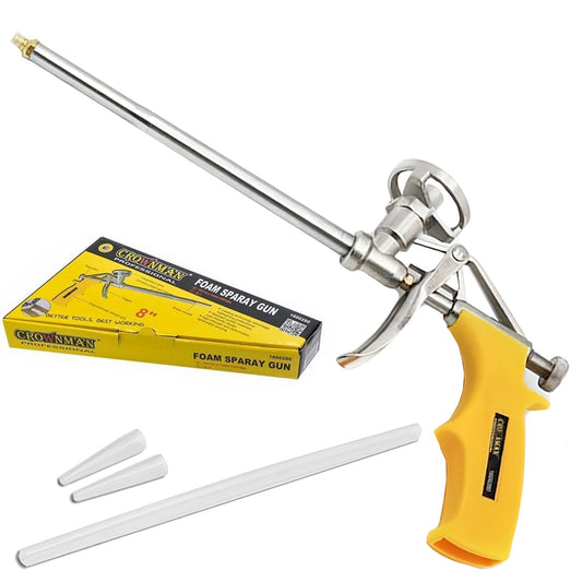 Heavy duty PU foam applicator gun with aluminum alloy body and brass nozzle on white background