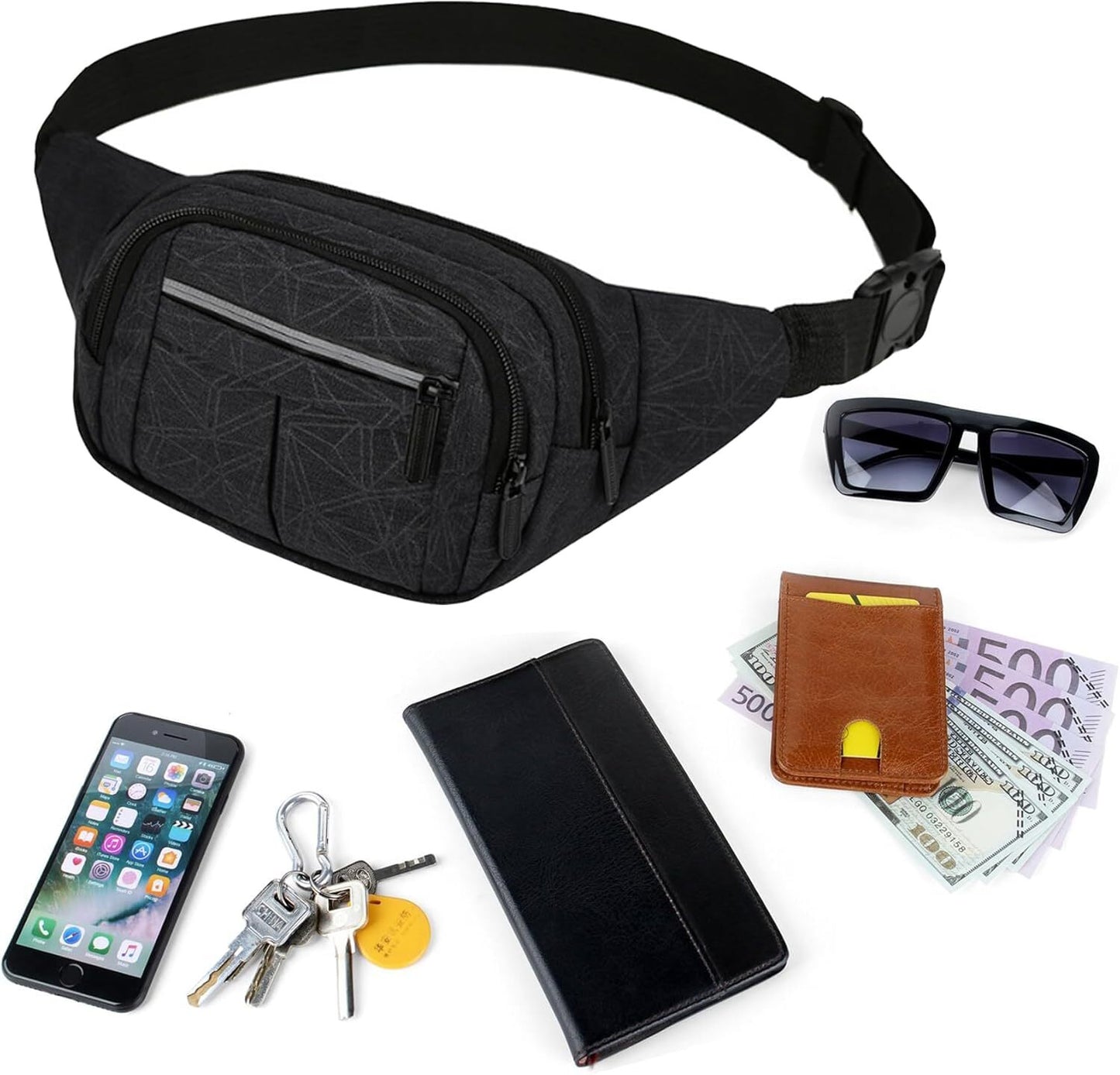 Bumbag Fanny Pack Fashionable Waist Bag reflective strips 4 Zip Pockets Fanny