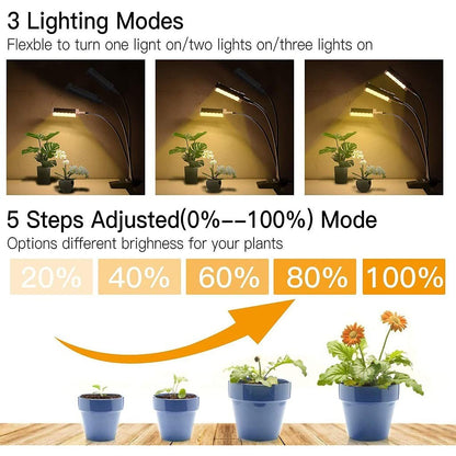 3-Head LED Grow Light Full Spectrum with Timer for Indoor Plants UK