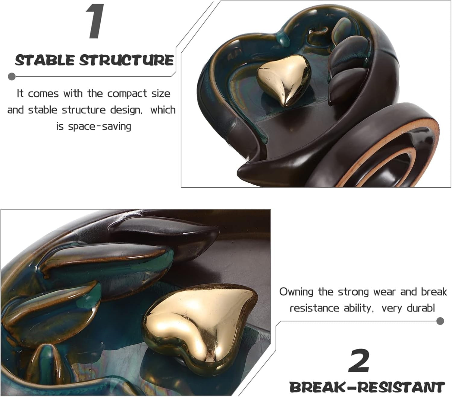 Heart Backflow Incense Burner Ceramic Holder - Detail view