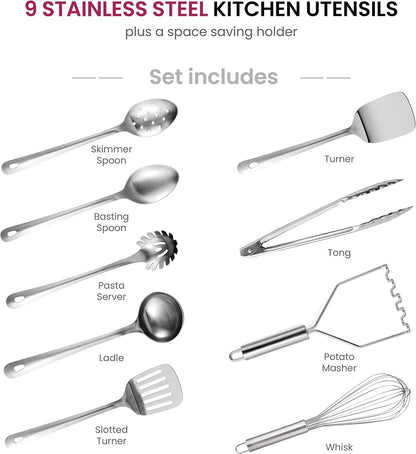 10 x Stainless Steel Kitchen Utensil Set Nonstick Heat Resistant Cooking Gadgets