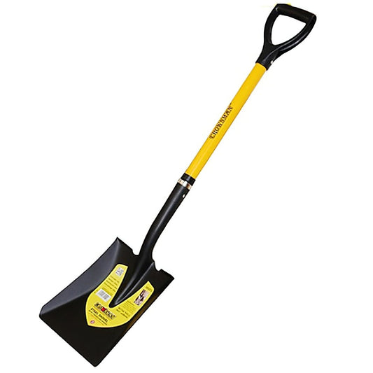 CROWNMAN square steel shovel with 65Mn heat-treated blade and D-handle on white background
