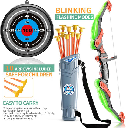 Kids Bow and Arrow Toy Set with LED Lights and Suction Cup Arrows Ages 3-12