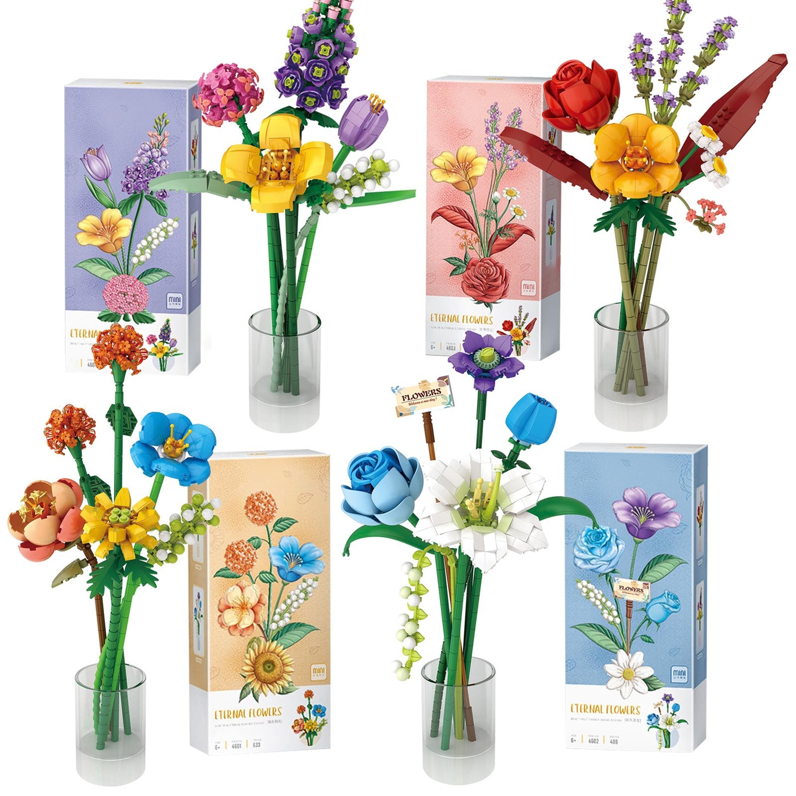 Artificial Flower Bouquet Building Blocks Set, - Front view