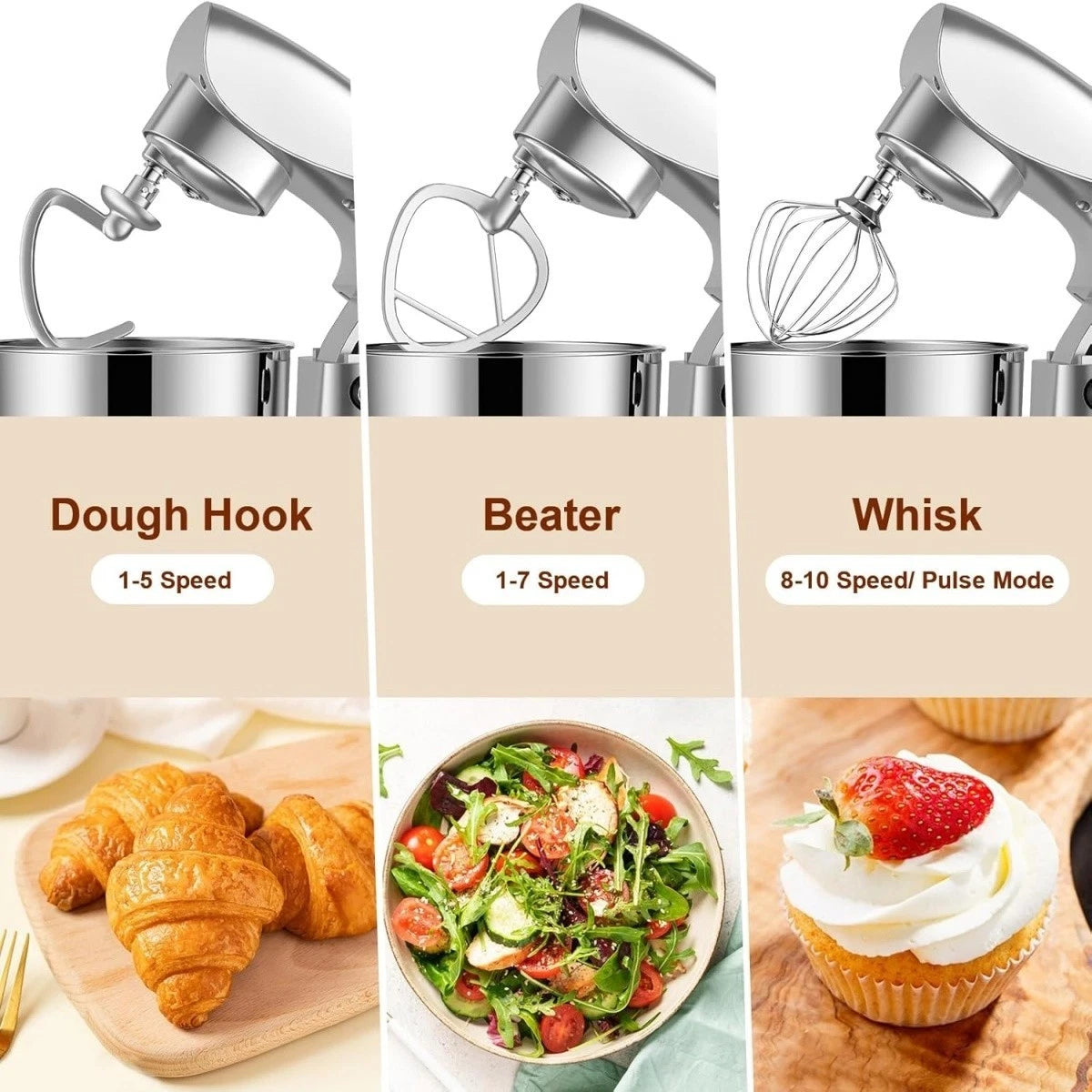 Stand mixer dough hook, flat beater and balloon whisk attachments with suggested uses