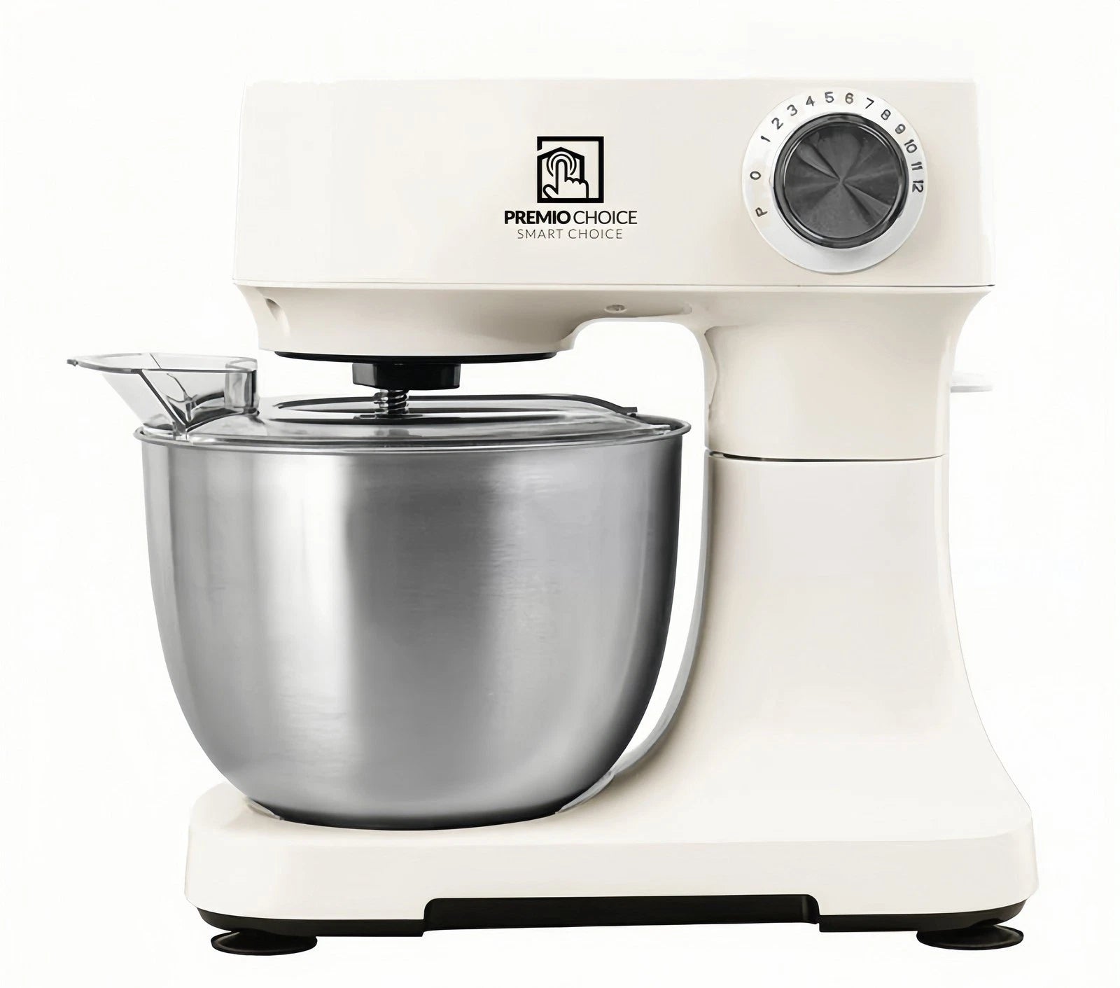 Front view of white 12-speed stand mixer with stainless steel bowl and splash guard