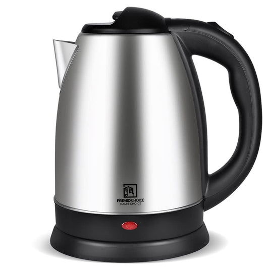 Stainless steel electric kettle 1.8L with mirror polish finish and one-touch on/off switch on 360-degree base