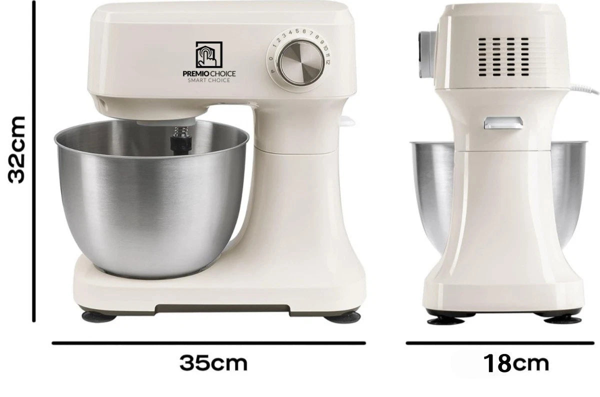 Front and rear views of white stand mixer with stainless steel bowl and suction feet