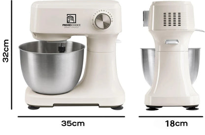 Front and rear views of white stand mixer with stainless steel bowl and suction feet