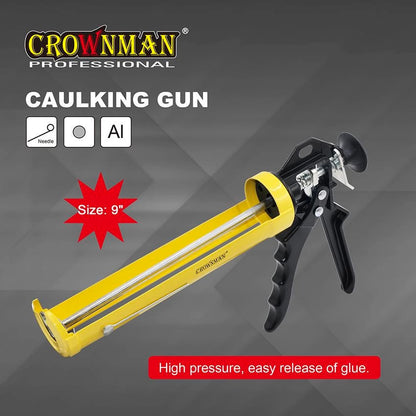 Close-up of CROWNMAN caulking gun semicircular metal cradle showing 360-degree rotation mechanism