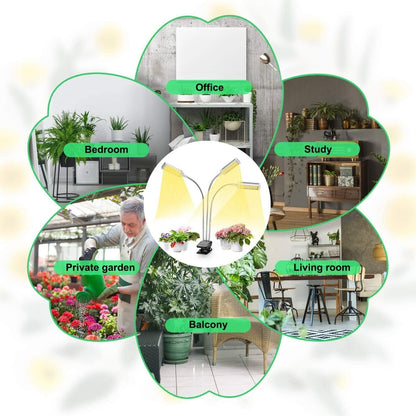 Indoor use collage showing grow light placed in office, bedroom, study, living room, balcony and private garden