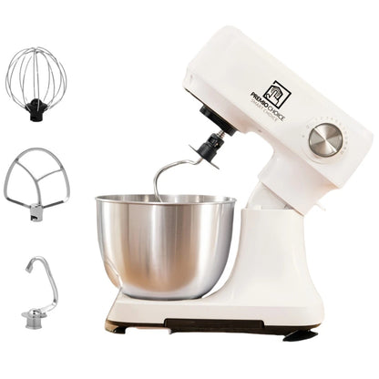White stand mixer with stainless steel bowl, dough hook, whisk and flat beater