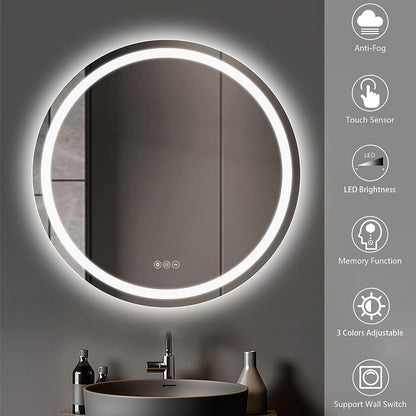 Round Bathroom Mirror LED Lights Illuminated - Front view