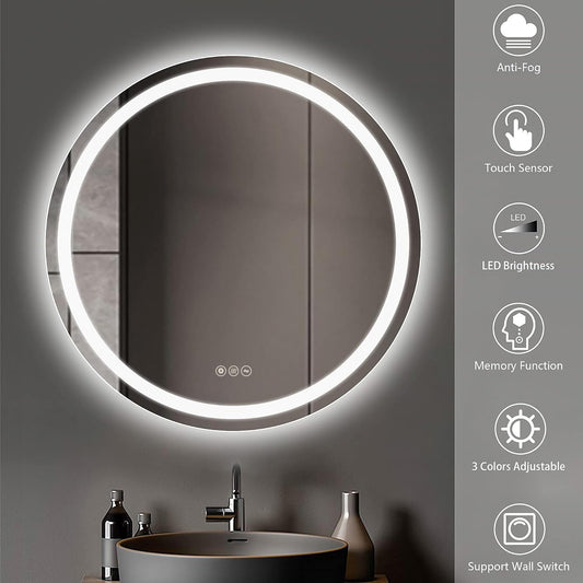 Round Bathroom Mirror LED Lights Illuminated 600mm Backlit Touch Switch 3 Color
